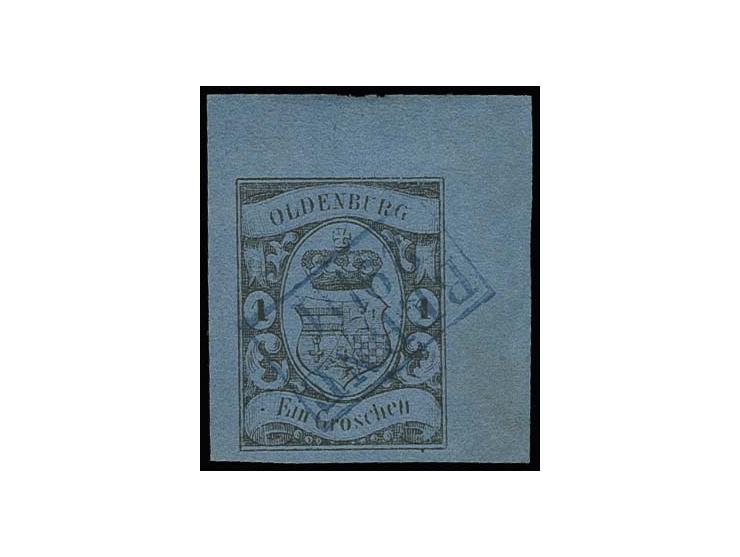 1859, 1 Gr. auf blau, allseits breit- bis überrandige rechte obere Bogenecke mit 7/7,5 mm-Bogenrand, sehr schön entwertet dur