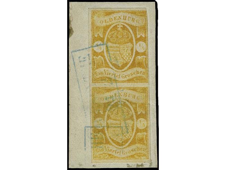 1861, Wappen auf weißem Papier: ¼ Gr. gelborange im senkrechten Paar, oben rechts etwas angeschnitten, sonst voll- bis breitr