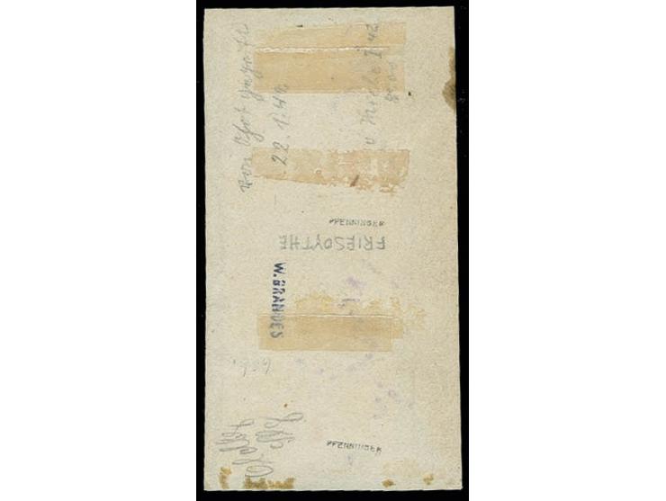 1861, Wappen auf weißem Papier: ¼ Gr. gelborange im senkrechten Paar, oben rechts etwas angeschnitten, sonst voll- bis breitr