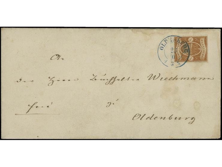 ½ Gr. hellrotbraun, allseits voll- bis sehr breitranding und farbfrisch mit klar aufgesetztem blauem DKr. "OLDENBURG 26 10" a