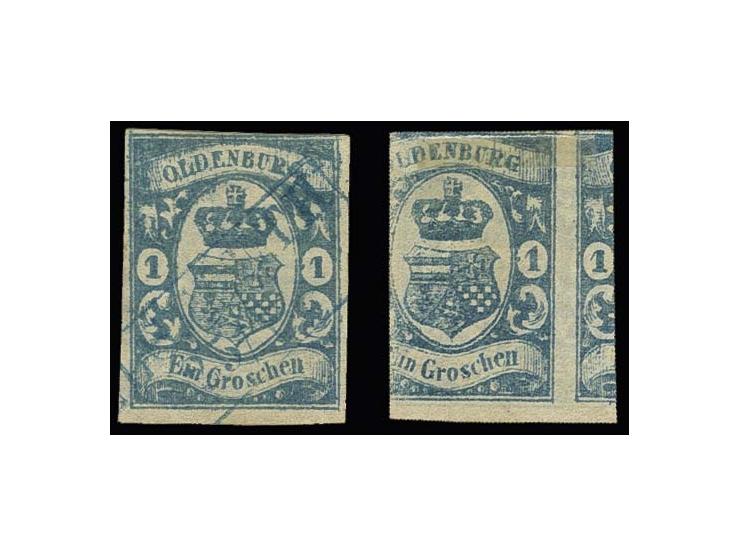 1 Gr. blau mit zusätzlichem verschobenem rückseitigem Druck (dieser mit Umdruckfehler 'Spitze 1'), oben rechts in der Randlin