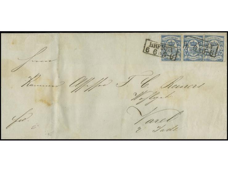 1 Gr. blau, drei farbfrische, allseits voll- breitrandige Stücke mit klarem Ra2 des Stadtpostamtes "BREMEN 6 6" auf Faltbrief