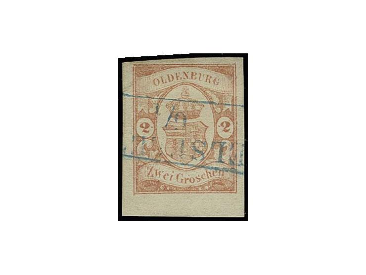 2 Gr. zinnober, allseits enrom breitrandig, unten mit 4 mm-Bogenrand, sauber entwertet durch Ra. 2 von "ELSFLETH", Ausnahmest