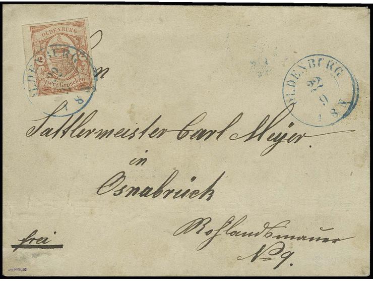 2 Gr. rot, allseits breit- bis überrandig geschnitten und sehr schön farbfrisch, mit schön kontrastierendem blauem DKr. "OLDE