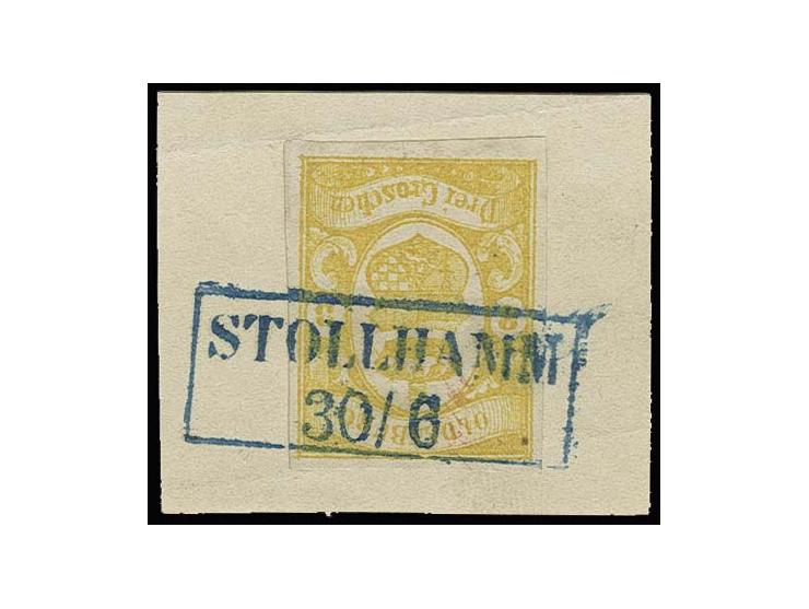 3 Gr. graugelb, farbfrisch und allseits sehr breitrandig, mit klarem Ra2 "STOLLHAMM 30/6" auf Briefstück, oben links ein klei