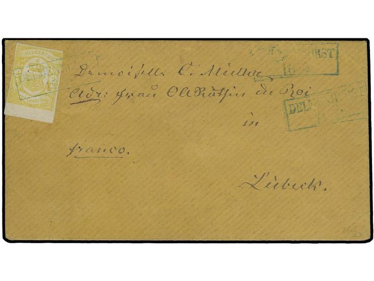 3 Gr. gelb, noch voll- bis breitrandig, unten mit 4,5 mm-Bogenrand, mit leicht aufgesetztem blauem Ra.2 "DELMENHORST 16 5" au