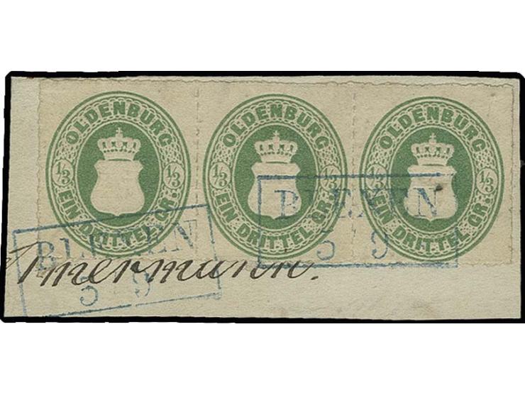 1862, Wappenausgabe durchstochen 11 3/4: 1/3 Gr. grün im waagerechten 3er-Streifen, farbfrisch und tadellos durchstochen mit 