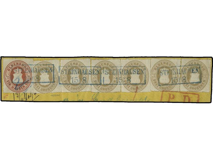 3 Gr. ockerbraun, 6 Einzelwerte zusammen mit ½ Gr. rotorange, paarweise entwertet durch klar aufgesetzten blauen Ra2 "STEINHA