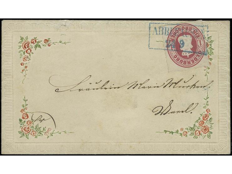 1 Gr. karmin, farbfrisch und einwandfrei durchstochen mit sauberem blauem Ra.2 "ABBEHAUSEN 24 9" auf kleinem geprägten und co