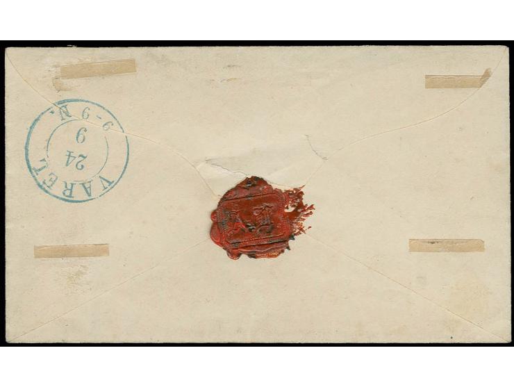 1 Gr. karmin, farbfrisch und einwandfrei durchstochen mit sauberem blauem Ra.2 "ABBEHAUSEN 24 9" auf kleinem geprägten und co