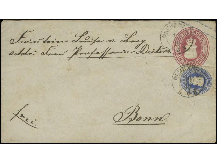 2 Gr. ultramarin, farbfrisch und einwandfrei durchstochen als Zufrankatur auf Ganzsachenumschlag 1 Sgr. rosa, Marke und Werts