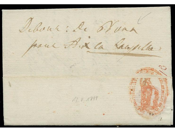 1799, "Debour: De Bonn / pour Aix la Chapelle", handschriftlich rückseitig auf Faltbrief aus Mainz mit L2 "100 / MAYENCE" mit
