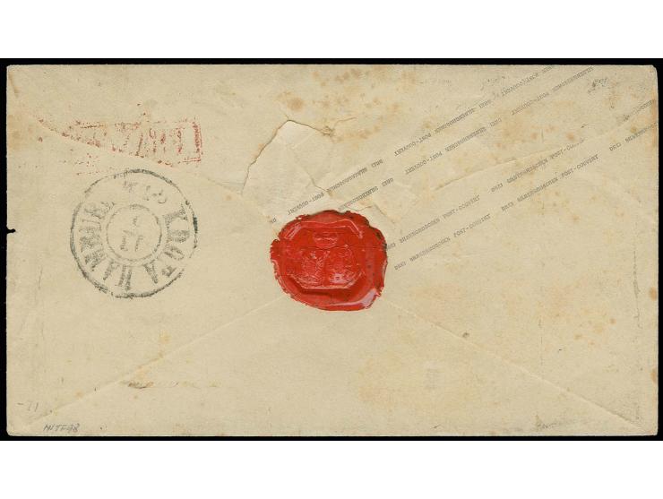 1857, glatter Grund 1 Sgr. rosa, teils mit der Hand gerissen, jedoch vollrandig, etwas oxidiert, mit Ra3 von Berlin auf Ganzs
