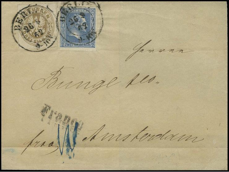 2 Sgr. blau, voll- bis meist breitrandig in Mischfrankatur mit Wappen 3 Sgr. braun mit DKr. "BERLIN 26/9 62" auf Briefhülle n