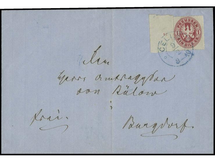 1 Sgr. rosa mit breitem linken Bogenrand mit Reihenzähler "12" und blauem Hannover-DKr. "CELLE 9/2" auf Briefhülle nach Burgd
