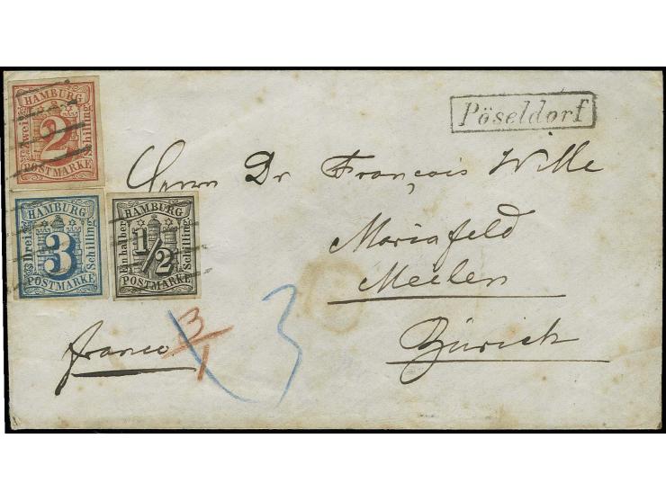 SCHWEIZ: 1859, ½ Schilling schwarz, 2 Schilling rot und 3 Schilling blau, alle breitrandig und farbfrisch mit zart aufgesetzt