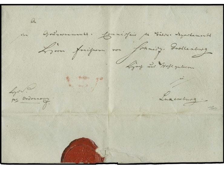 Preußischer Militärdienstbrief "Per Ordonnanz" vom 3. Juli aus Arlon an den Gouverneur des Départements 98 in Luxemburg, Frei