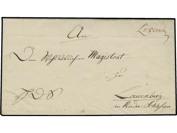1816, "Luxemburg" handschriftlich in rot auf kpl. Dienstbrief des Chefs der 2. Kompagnie von Schönholz nach Loewenberg in Sch