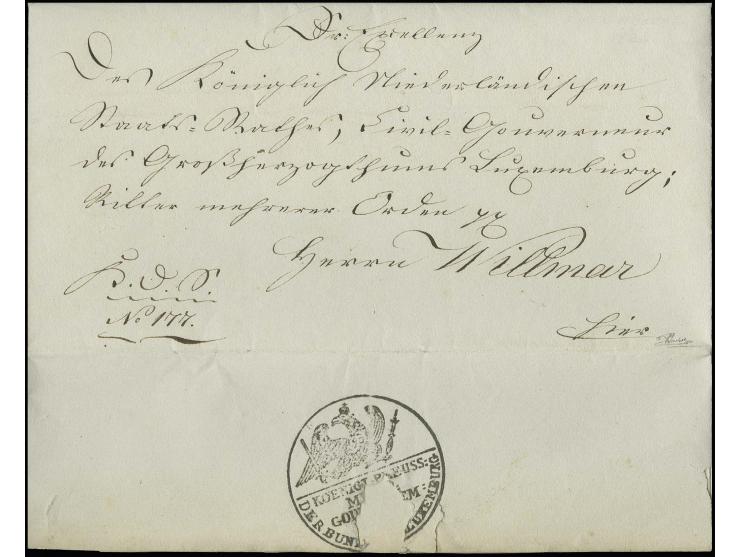 1826, Militärdienstbrief des Kommandanten Du Moullin an den Zivilgouverneur mit rückseitigem Dienstsiegel "KÖNIGL: PREUSS: / 