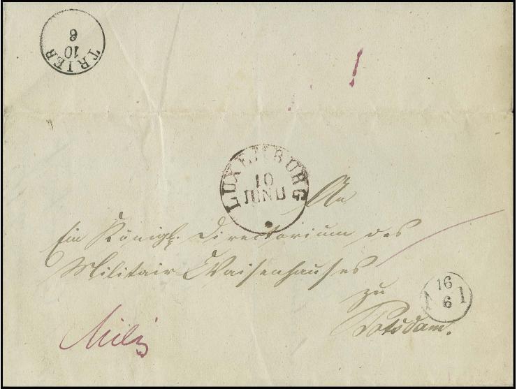 1835 (ca.), Briefhülle mit Teil des Inhaltes mit rotschwarzem niederländischen  EKr. "LUXEMBURG 10 JUNO", mit rückseitigem Tr