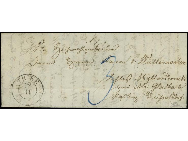 1853, unfrankierter Brief des Leutnants Spies aus der Bundesfestung über Trier nach Mönchengladbach, ohne Strafporto mit "3" 