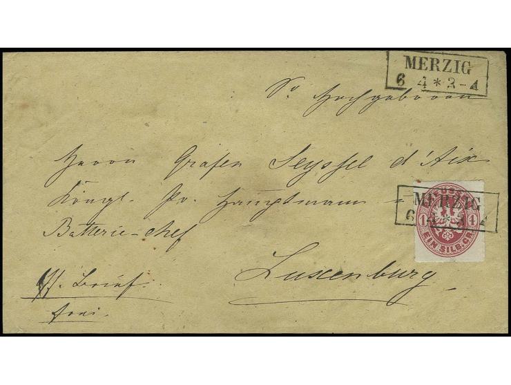 1861 (ca.), Brief von "MERZIG 6 4" frankiert mit Wappen 1 Sgr. rosa mit (bedeutungslosem) Vermerk "Off. Brief frei" an einen 