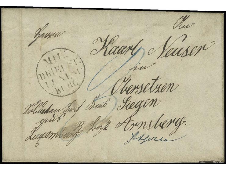 1857, "MIL:BRIEF.ST. LUXEM=BURG" auf kpl. Soldatenbrief mit entsprechend handschriftlichem Vermerk nach Arnsberg mit rückseit