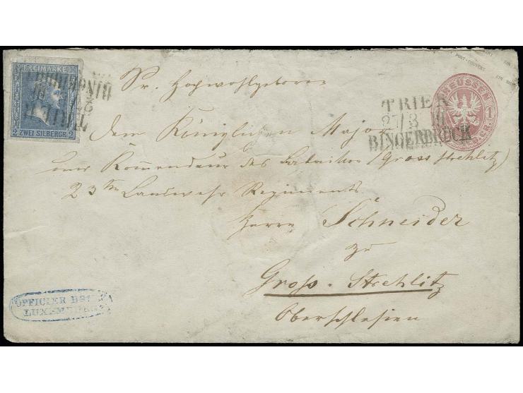 "OFFICIERBRIEF / LUXEMBURG", blauer Ovalstempel auf Ganzsachenumschlag Wappen 1 Sgr. rosa mit Zufrankatur Gittergrund 2 Sgr. 