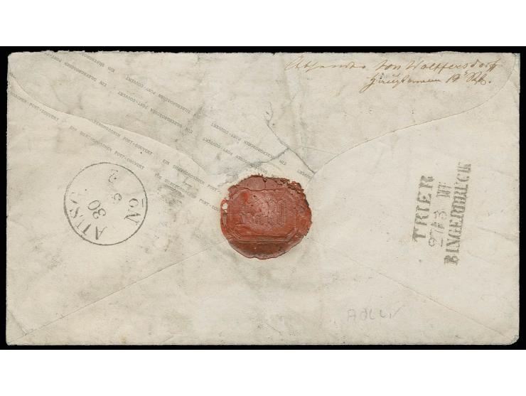 "OFFICIERBRIEF / LUXEMBURG", blauer Ovalstempel auf Ganzsachenumschlag Wappen 1 Sgr. rosa mit Zufrankatur Gittergrund 2 Sgr. 