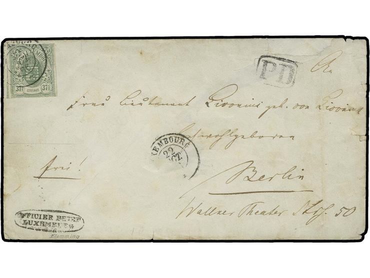 "OFFICIER BRIEF LUXEMBURG", Ovalstempel in schwarz auf Briefkuvert frankiert mit Luxemburg 1859, 37½ C. grün mit DKr. "LUXEMB