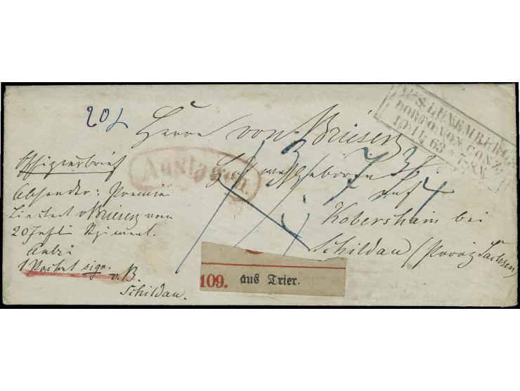 "AUS LUXEMBURG / PORTO VON CONZ / 10 11 63" auf Offiziers-Paketbegleitbrief mit vollständigem Inhalt nach Kobershain in Sachs