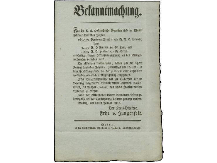 1816, gedruckte Bekanntmachung vom 22. Januar mit der Ausschreibung für die Verpflegung der 'K.K. österreichischen Garnison',