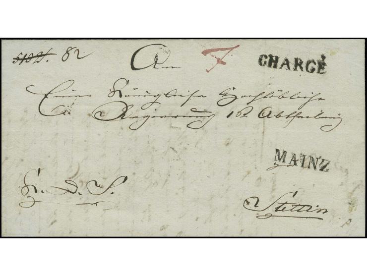 1817, eingeschriebener Militär-Dienstbrief mit L1 "MAINZ" und "CHARGÉ" nach Stettin, die Chargé-Gebühr mit "7" Kr. taxiert; e
