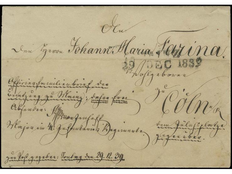 1839, kpl. Faltbrief mit L2 "MAINZ 29 DEC 1839" nach Köln mit handschriftlichem Vermerk "Officierfamilienbrief der Besatzung 
