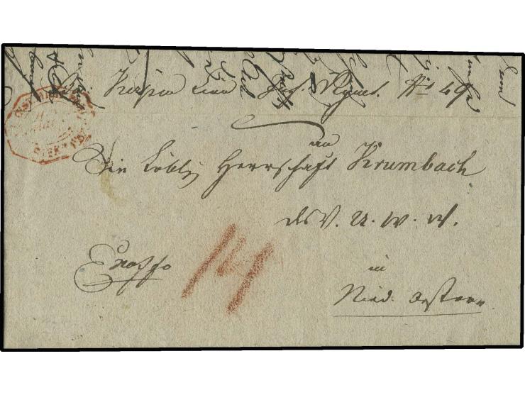 1822, "K.K. OEST. MILT. POST / Mainz ... FEB. 1822", roter Achteck-Stempel auf kpl. Dienstbrief nach Österreich, waagerechte 