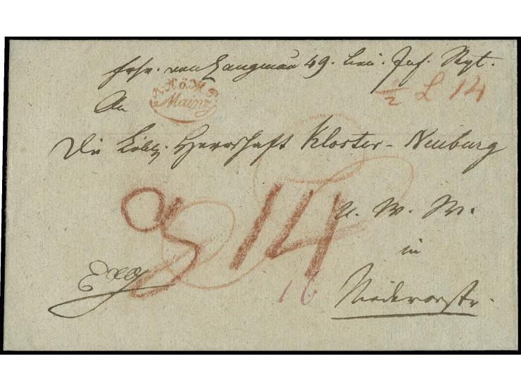 1829, "K.K.ö.M.P. Mainz", Ovalstempel in rot sehr sauber auf Militär-Dienstbriefhülle nach Kloster-Neuburg