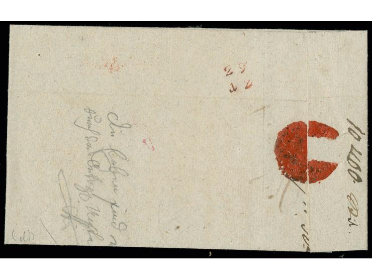 1829, "K.K.ö.M.P. Mainz", Ovalstempel in rot sehr sauber auf Militär-Dienstbriefhülle nach Kloster-Neuburg