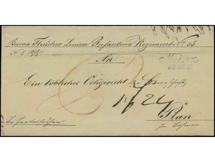 1840, "Mainz 27 OCT.", L2 sauber auf Dienstbrief des "Baron Fleischerlinien Infanterie Regiment No. 35" nach Böhmen; waagerec