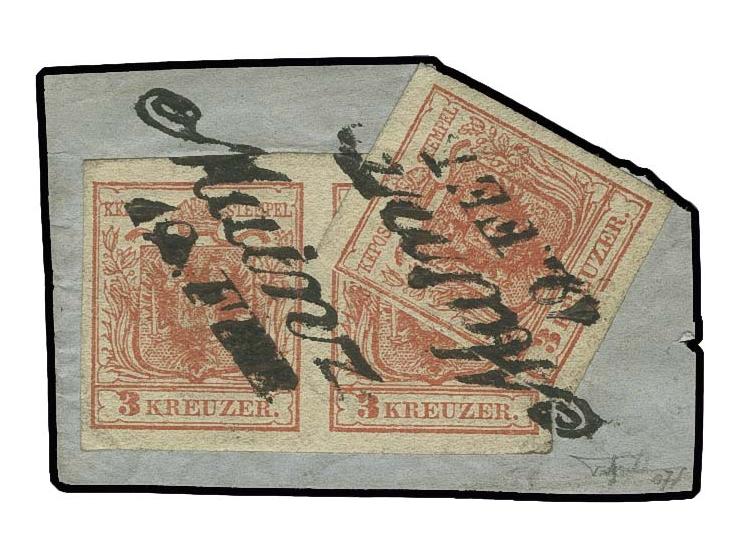 "Mainz 12 FEB.", 2 saubere Abschläge auf 1850, 3 Kr. rosarot, Type Ib im waagerechten Paar und schräg über die rechte Marke g