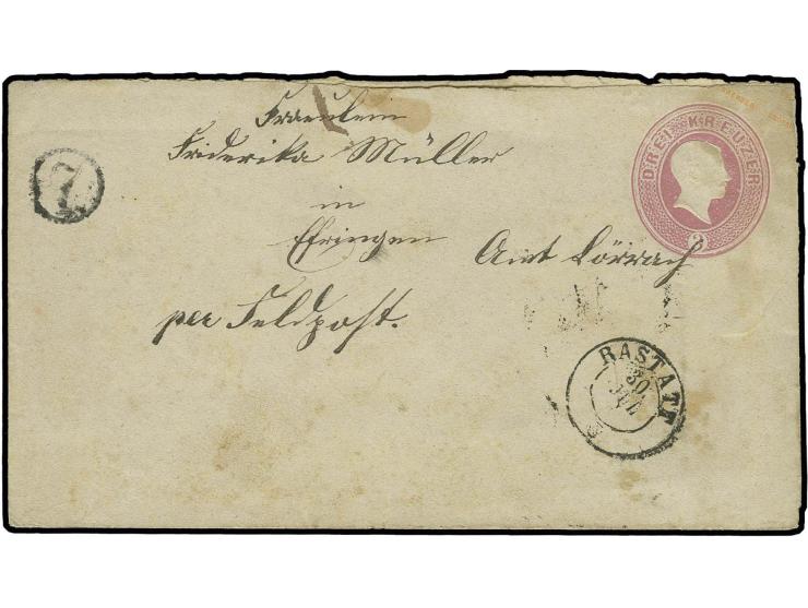 Baden Ganzsachenumschlag 3 Kr. mit nebengesetztem DKr. "RASTATT 30 JUL." und Uhrradstempel "7" mit handschriftlichem Vermerk 