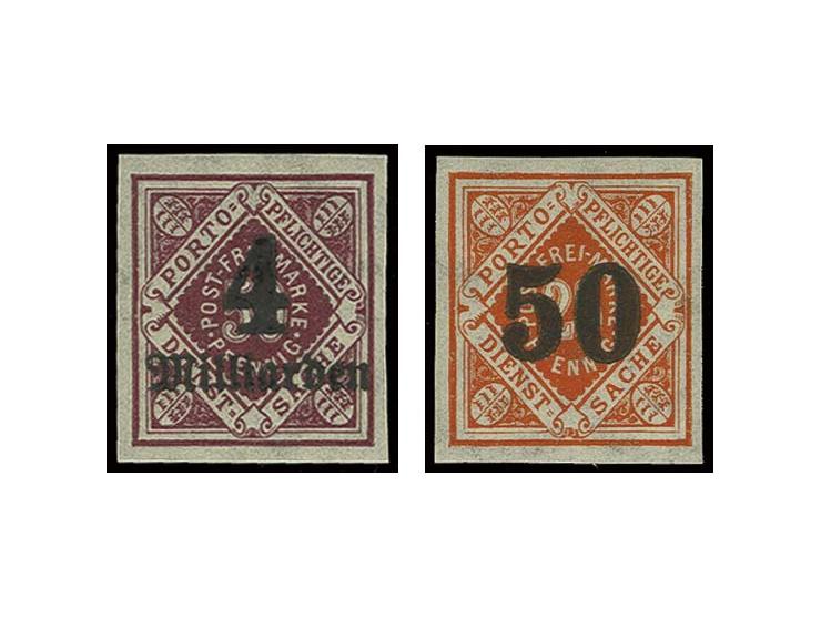 1922/23, Aufdruckausgabe 5 M.-10 Mrd. M. sowie neue Währung 3-50 Pfg. kpl. als ungezähnte Probedrucke, postfrisch, teils priv