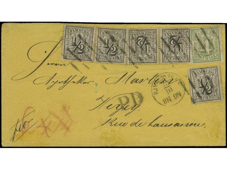1864/67, ½ Schilling schwarz, waagerechtes Paar und 3 Einzelstücke sowie 4 Schilling gelbgrün, alle farbfrisch und gut gezähn