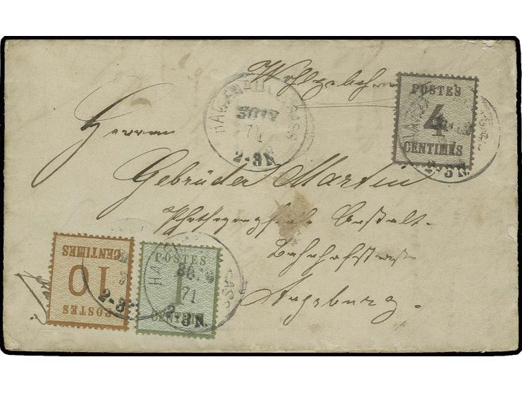 1870, Spitzen nach unten: 1 C. olivgrün in Mischfrankatur mit Spitzen nach oben 4 C. lilagrau und 10 C. braunocker als portog