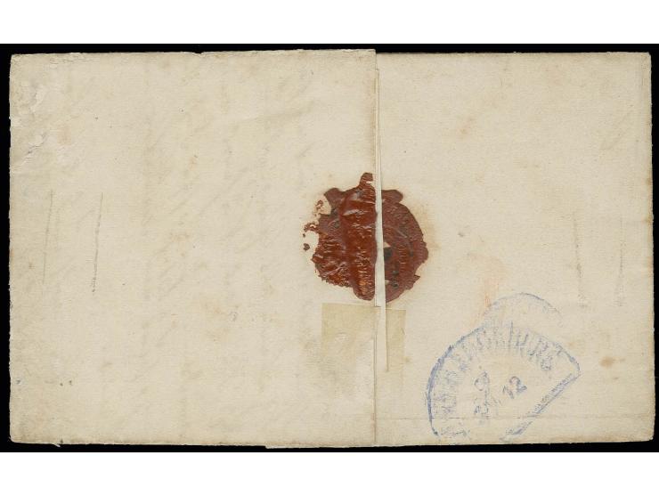 1870, Spitzen nach unten: 1 C. olivgrün in Mischfrankatur mit Spitzen nach oben 4 C. lilagrau und 10 C. braunocker als portog