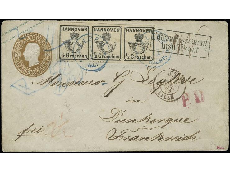 1860/62, ½ Groschen schwarz, weiße Gummierung, waagerechter 3er-Streifen, allseits breitrandig, leicht entwertet durch DKr. "