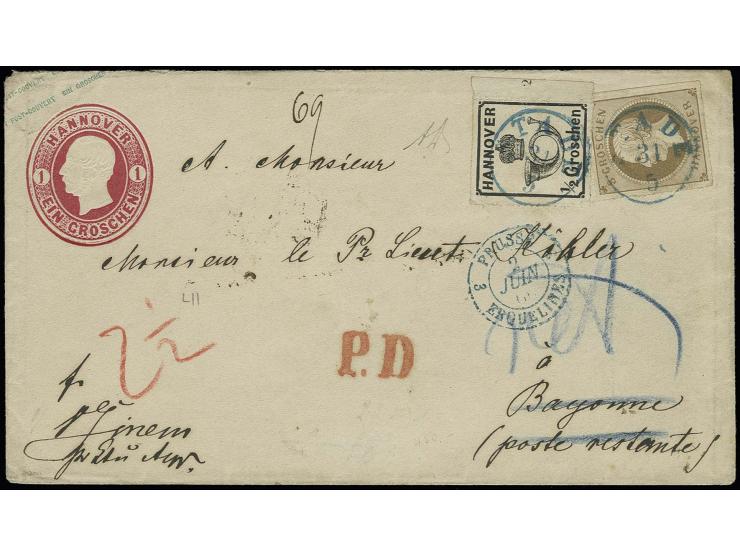 1864, durchstochene Ausgabe ½ Groschen schwarz, rechtes Randstück mit Reihenzähler "2" und 3 Groschen braun mit EKr. "STADE 3