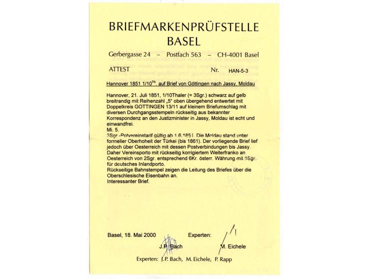 RUMÄNIEN: 1851/55, 1/10 Thaler auf gelb, allseits breit- bis überrandiges Oberrandstück mit Reihenzähler "5" auf kleinem Brie