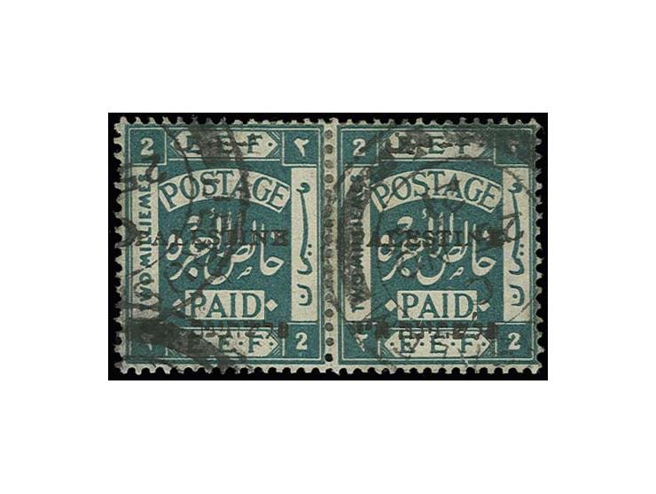2 m., withdrawn type 23a (short Lamed), in horizontal pair with type 24, used with Jerusalem cds., fine and scarce, certifica
