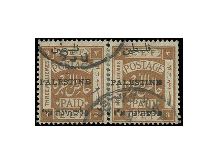3 m. with "TRANSPOSED"-error in reinforced pair with normal stamp, cancelled with Jerusalem cds., very rare, certificate Kauf