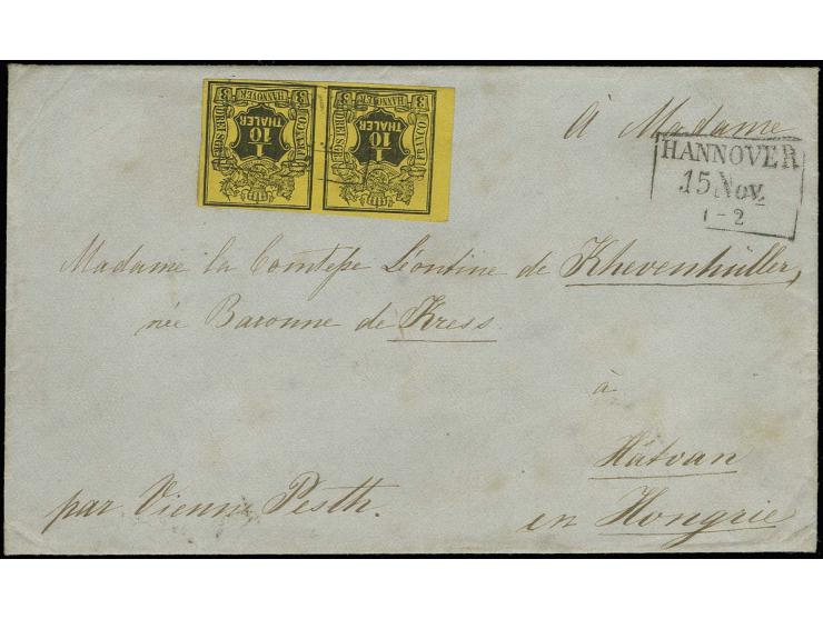UNGARN: 1851/55, 1/10 Thaler auf gelb im waagerechten Paar, allseits breit- bis überrandig mit schmalem linken Bogenrand, mit